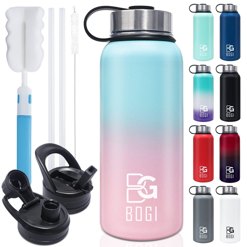 BOGI Insulated Water Bottle 32 oz Double Wall Vacuum Stainless Steel Water Bottle with Straw and 3 Lids SweatProof Wide Mouth Metal Water Bottle Keeps Hot or Cold for Sports Gym Office Blue Pink