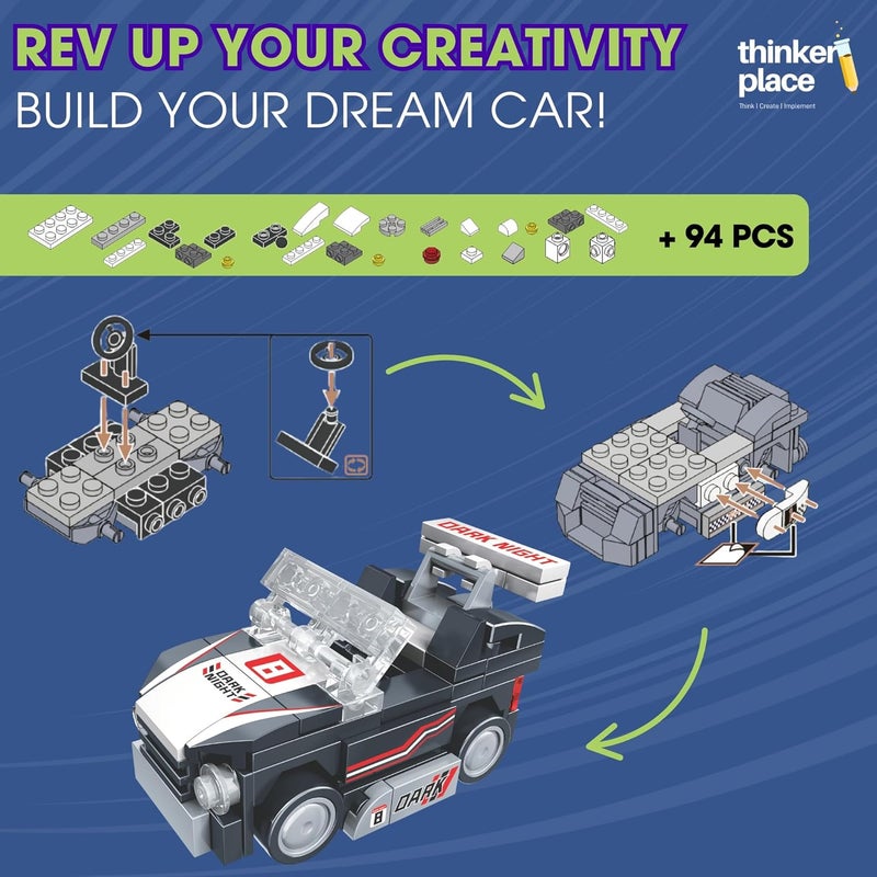 ThinkerPlace 8-in-1 Speed Racing Cars Dark Night (94 Pieces) | Learn About Electric Vehicles | Building Block Set for Kids Age 6+ | STEM Educational Toy | Build, Collect & Create Big-Size Racing Car - Image 2