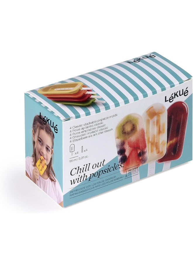 Lékué Pack 4 Classic Stackable Popsicle Molds, Red/Yellow, 16.5 x 7.5 x 2.6 cm