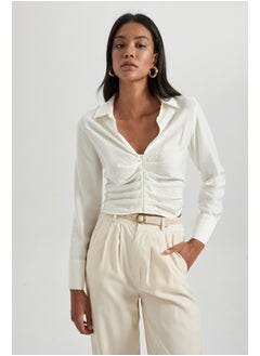 Woman Fitted V Neck Woven Long Sleeve Blouse