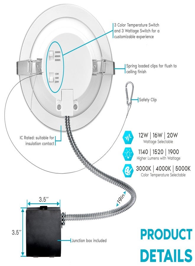 LUXRITE 6 Inch Commercial LED Recessed Lighting with J-Box, 12/16/20W, 3 Color Selectable 3000K-5000K, 1140/1520/1900 Lumens, 0-10V Dimmable, 120-277V, Canless LED Downlight, IC Rated, Wet Rated - Image 3