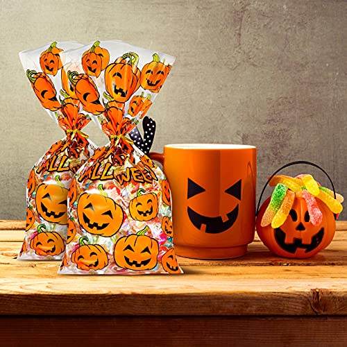 HESTYA 50 Counts Halloween Treat Cellophane Bags 6 x 10 Inches Clear Pumpkin Flat Bottom Goodie Bags with 300 Pieces Twist Ties for Halloween Party Favor(Pumpkin) - Image 4