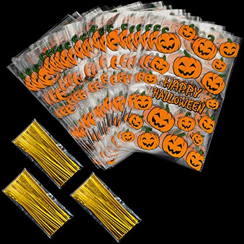 HESTYA 50 Counts Halloween Treat Cellophane Bags 6 x 10 Inches Clear Pumpkin Flat Bottom Goodie Bags with 300 Pieces Twist Ties for Halloween Party Favor(Pumpkin) - Image 2