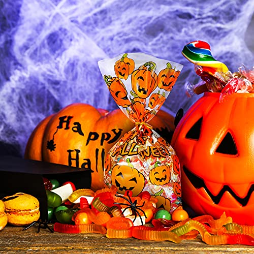 HESTYA 50 Counts Halloween Treat Cellophane Bags 6 x 10 Inches Clear Pumpkin Flat Bottom Goodie Bags with 300 Pieces Twist Ties for Halloween Party Favor(Pumpkin) - Image 5