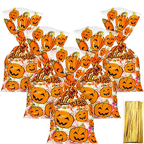 HESTYA 50 Counts Halloween Treat Cellophane Bags 6 x 10 Inches Clear Pumpkin Flat Bottom Goodie Bags with 300 Pieces Twist Ties for Halloween Party Favor(Pumpkin) - Image 1