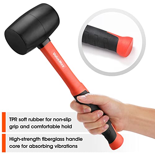 ValueMax Rubber Mallet, 16oz Rubber Mallet Hammer And 35mm Double-Faced Soft Hammer, Fiberglass Handle With TPR Grip, Solid Head, 2 Piece Black Set - Image 4