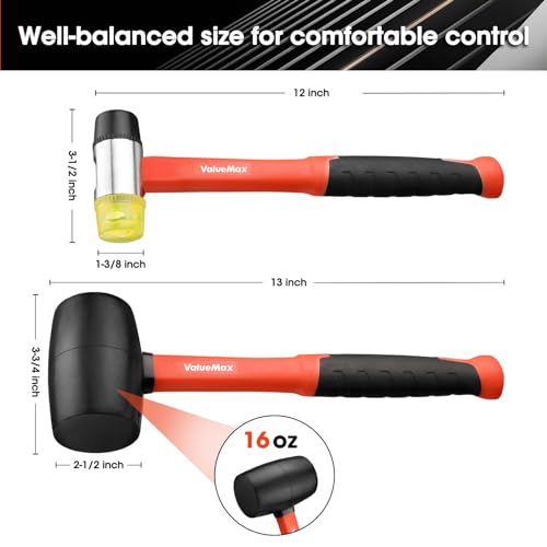 ValueMax Rubber Mallet, 16oz Rubber Mallet Hammer And 35mm Double-Faced Soft Hammer, Fiberglass Handle With TPR Grip, Solid Head, 2 Piece Black Set - Image 5