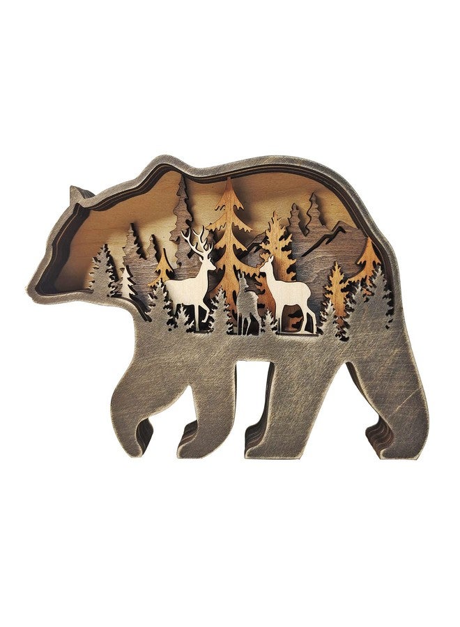 MACLARONX Wood Bear Art Decor Multi-Layer Brown Bear Figurine Rustic Home Shelf Desktop Decorations Creative Wild Animal Cutout Silhouette Crafts - Image 1