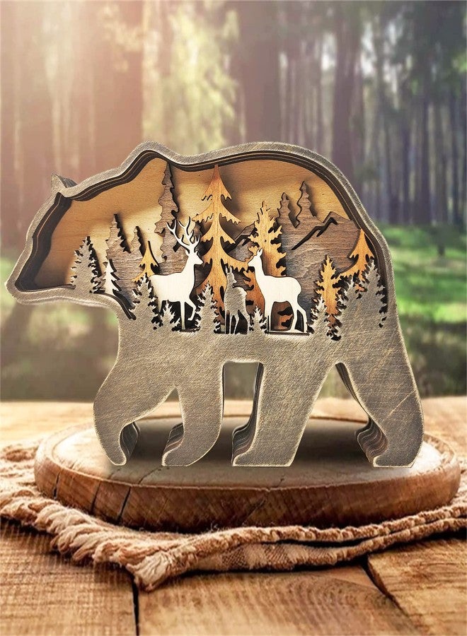 MACLARONX Wood Bear Art Decor Multi-Layer Brown Bear Figurine Rustic Home Shelf Desktop Decorations Creative Wild Animal Cutout Silhouette Crafts - Image 5