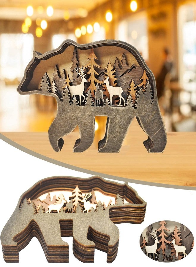 MACLARONX Wood Bear Art Decor Multi-Layer Brown Bear Figurine Rustic Home Shelf Desktop Decorations Creative Wild Animal Cutout Silhouette Crafts - Image 2
