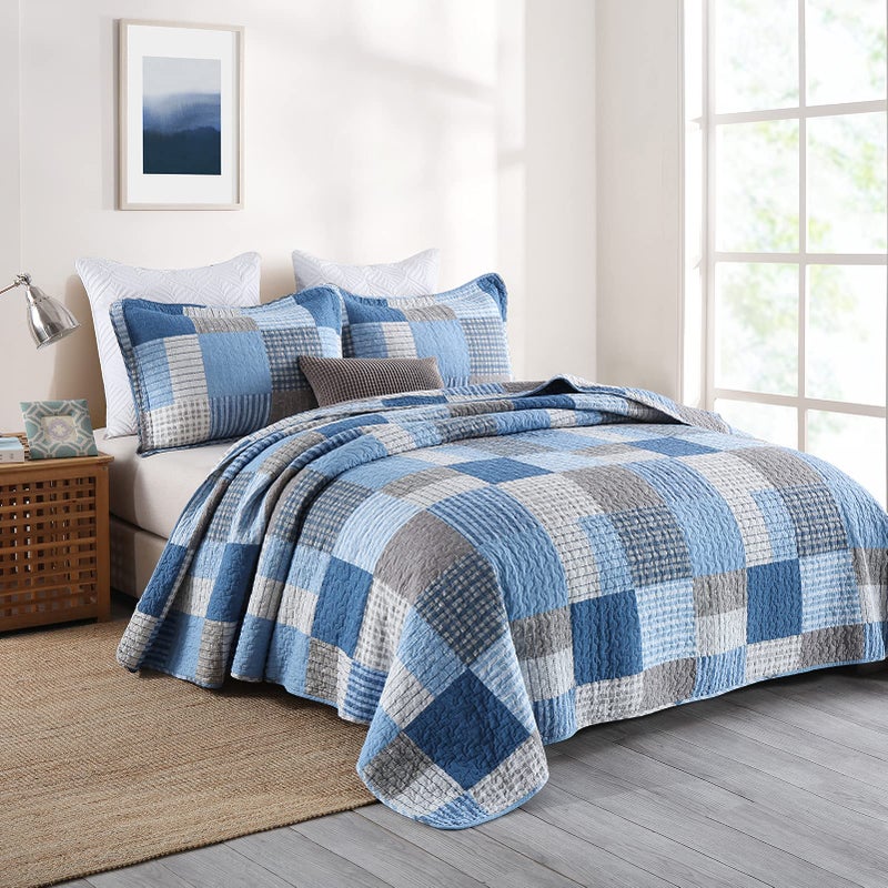 PANGUSHAN King Size Quilt Set,100% Cotton King Quilt Bedding Set Bedspread,Patchwork Plaid Quilt Bedspreads for King Bed,Navy Blue/Blue Reversible Lightweight Comforter Bed Set,All Season,3 Pieces - Image 2
