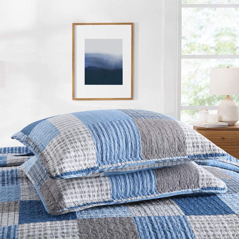 PANGUSHAN King Size Quilt Set,100% Cotton King Quilt Bedding Set Bedspread,Patchwork Plaid Quilt Bedspreads for King Bed,Navy Blue/Blue Reversible Lightweight Comforter Bed Set,All Season,3 Pieces - Image 4