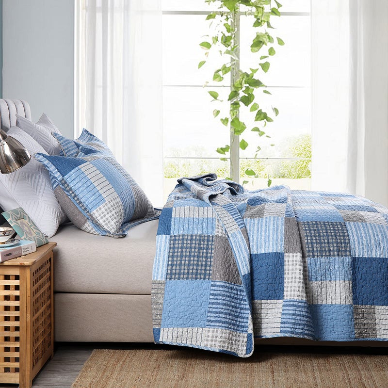 PANGUSHAN King Size Quilt Set,100% Cotton King Quilt Bedding Set Bedspread,Patchwork Plaid Quilt Bedspreads for King Bed,Navy Blue/Blue Reversible Lightweight Comforter Bed Set,All Season,3 Pieces - Image 3
