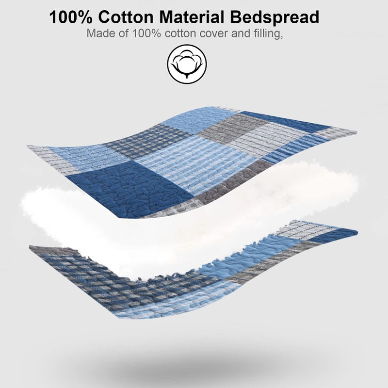 PANGUSHAN King Size Quilt Set,100% Cotton King Quilt Bedding Set Bedspread,Patchwork Plaid Quilt Bedspreads for King Bed,Navy Blue/Blue Reversible Lightweight Comforter Bed Set,All Season,3 Pieces - Image 5
