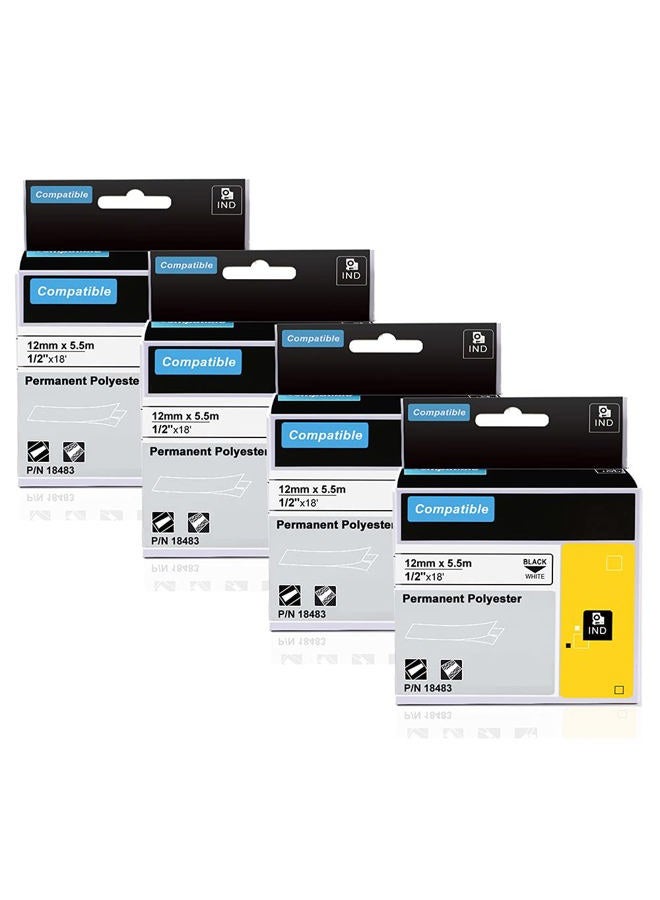 AONOMI 4-Pack Replace Dymo Rhino 18483 Permanent Polyester Industrial Label Tape for Dymo LabelWriter and Industrial Rhino 4200 5200 Label Makers and More, Black on White, 1/2-inch x 18-feet - Image 1