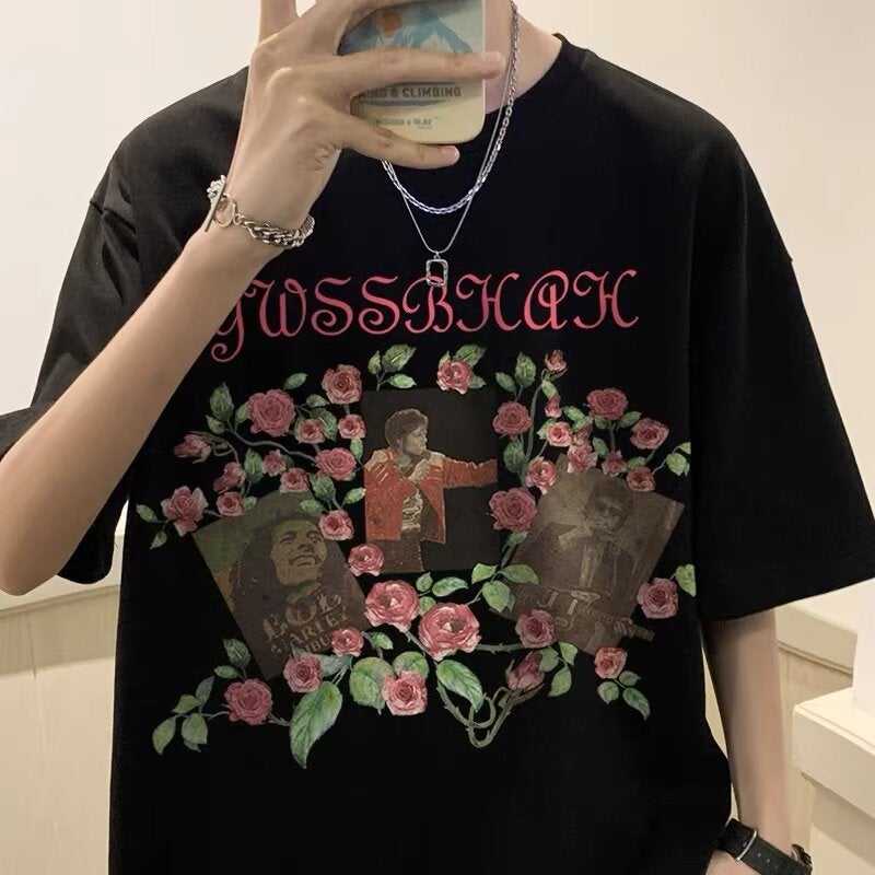 American Printed Short-sleeved T-shirt Men's Summer Loose Casual Fashion Base Shirt Teenage Men's and Women's Trendy Brand Heavy T-shirt - Image 1