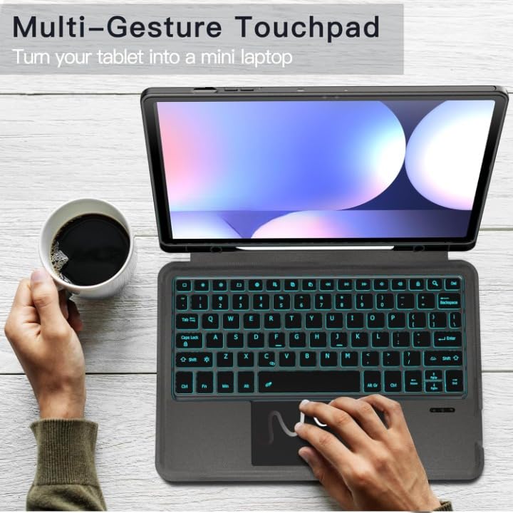 MICROWARE Keyboard with case Compatible for Samsung Galaxy Tab S9 FE+ / S9 Plus /S10+ 12.4 inch Keyboard Case - Folio Combo Smart Tablet Cover with Trackpad - 7 Color Backlit Keyboard Case Black - Image 3