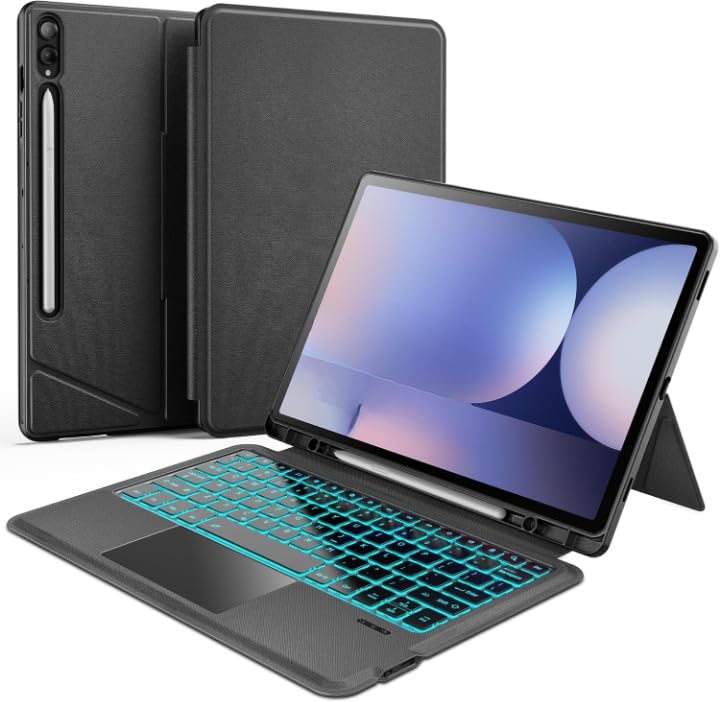 MICROWARE Keyboard with case Compatible for Samsung Galaxy Tab S9 FE+ / S9 Plus /S10+ 12.4 inch Keyboard Case - Folio Combo Smart Tablet Cover with Trackpad - 7 Color Backlit Keyboard Case Black - Image 1