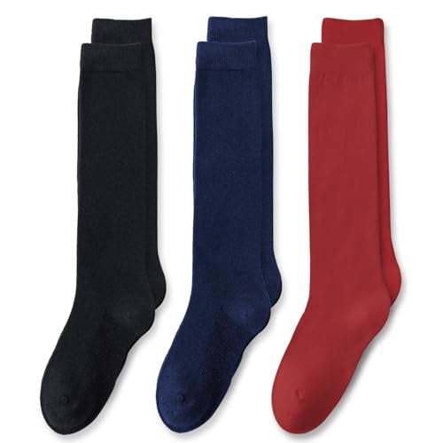 EPEIUS Girls Knee High Seamless Cotton School Uniform Socks - Kids Boy Long Socks 5-7 Years Navy Blue Black Burgundy 3 Pack M - Image 1
