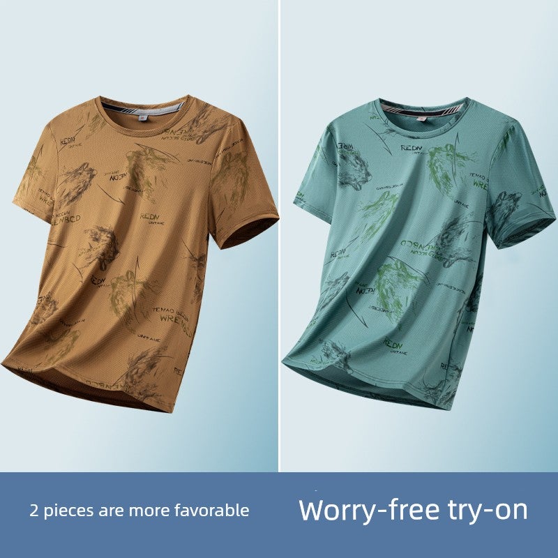 Ice silk short-sleeved T-shirt for men's summer thin trendy printed T-shirt, fashionable wrinkle-resistant ice-cold half-sleeved handsome top - Image 3