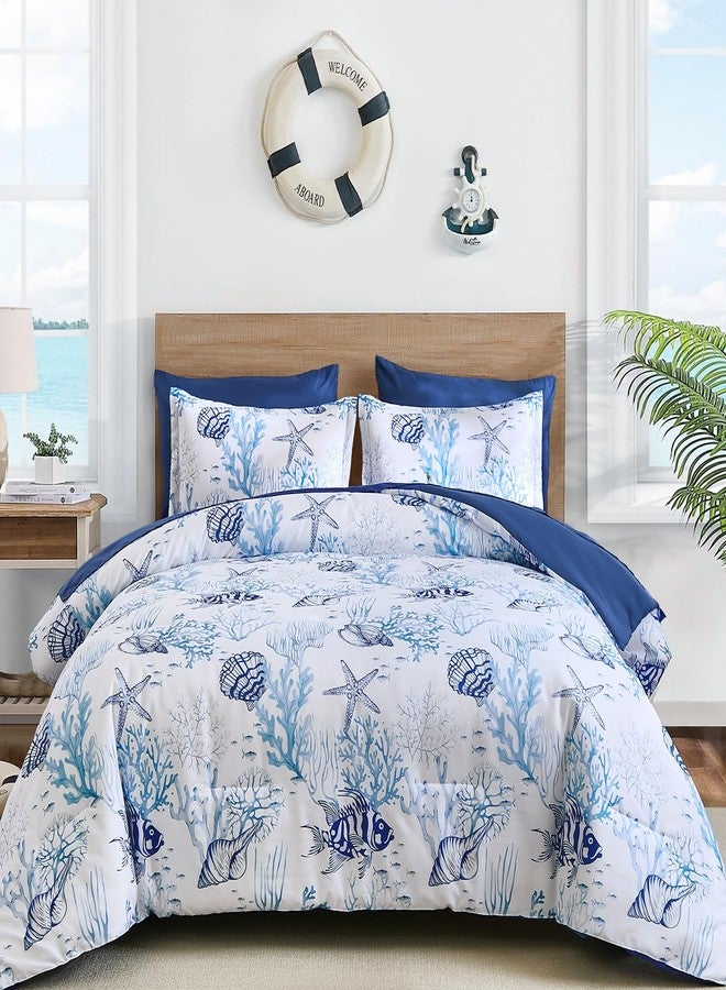 WONGS BEDDING طقم لحاف WONGS BEDDING Coastal King Size، مكون من 7 قطع، بتصميم مستوحى من الشاطئ والبحر، لحاف ناعم بنقشة نجم البحر والمرجان مناسب لجميع الفصول، 96 × 104 بوصة - Image 1