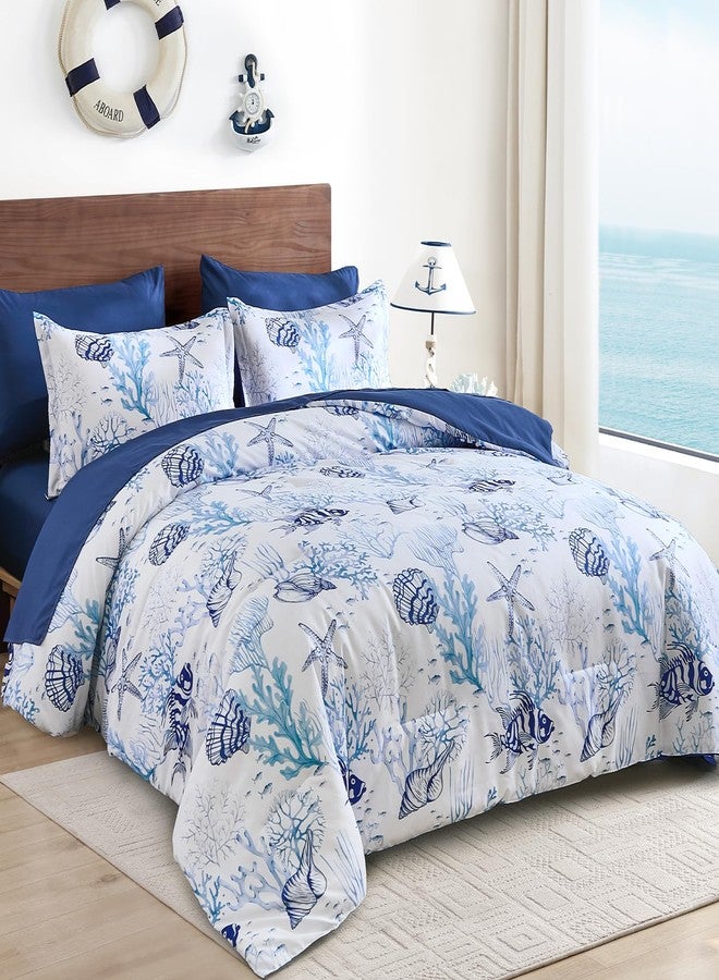 WONGS BEDDING طقم لحاف WONGS BEDDING Coastal King Size، مكون من 7 قطع، بتصميم مستوحى من الشاطئ والبحر، لحاف ناعم بنقشة نجم البحر والمرجان مناسب لجميع الفصول، 96 × 104 بوصة - Image 2