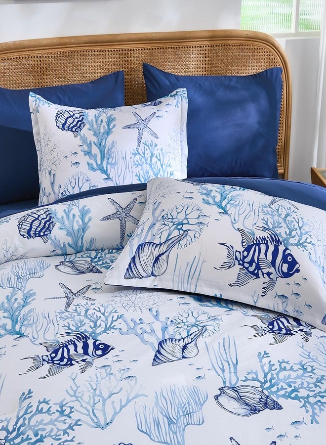 WONGS BEDDING طقم لحاف WONGS BEDDING Coastal King Size، مكون من 7 قطع، بتصميم مستوحى من الشاطئ والبحر، لحاف ناعم بنقشة نجم البحر والمرجان مناسب لجميع الفصول، 96 × 104 بوصة - Image 4