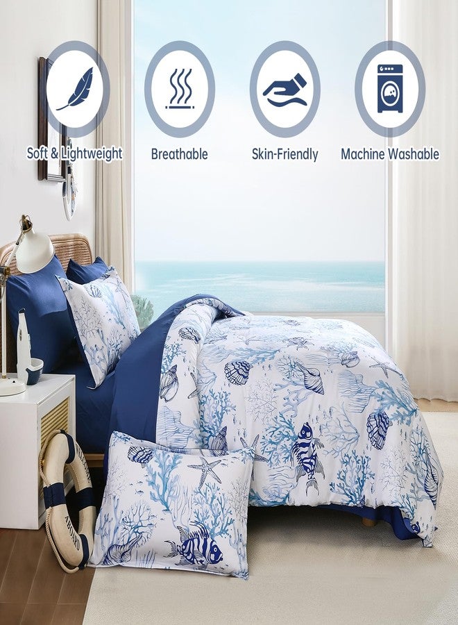 WONGS BEDDING طقم لحاف WONGS BEDDING Coastal King Size، مكون من 7 قطع، بتصميم مستوحى من الشاطئ والبحر، لحاف ناعم بنقشة نجم البحر والمرجان مناسب لجميع الفصول، 96 × 104 بوصة - Image 3