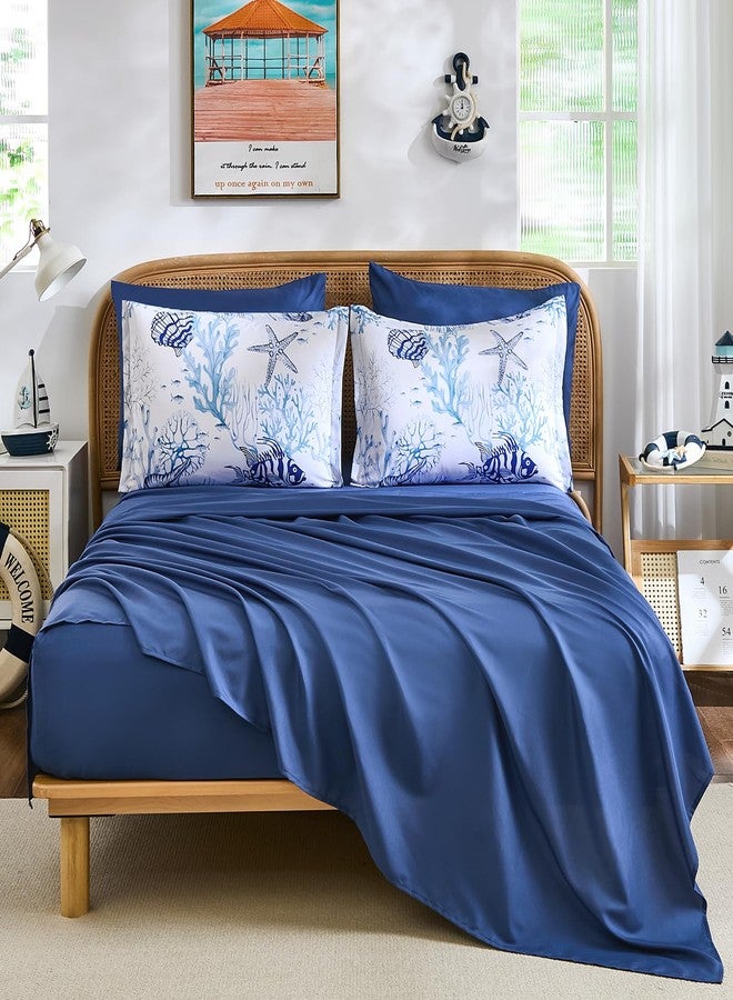 WONGS BEDDING طقم لحاف WONGS BEDDING Coastal King Size، مكون من 7 قطع، بتصميم مستوحى من الشاطئ والبحر، لحاف ناعم بنقشة نجم البحر والمرجان مناسب لجميع الفصول، 96 × 104 بوصة - Image 5