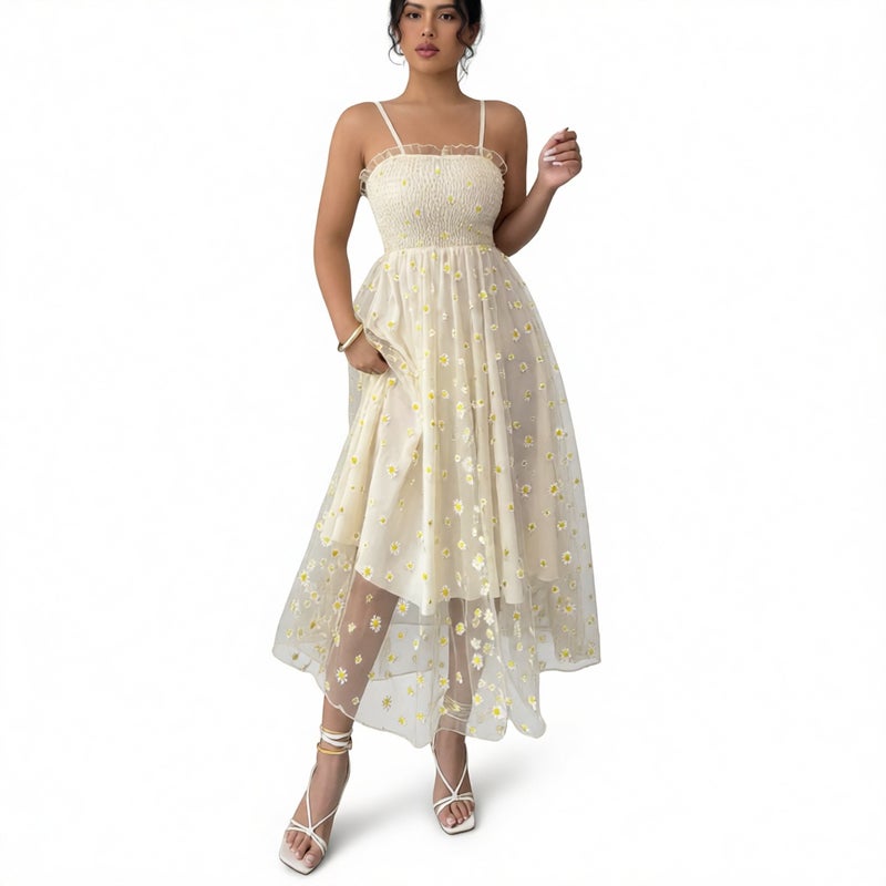 European Daisy Print Mesh Ruched Strapless Corset Dress French Vintage Midi Dress