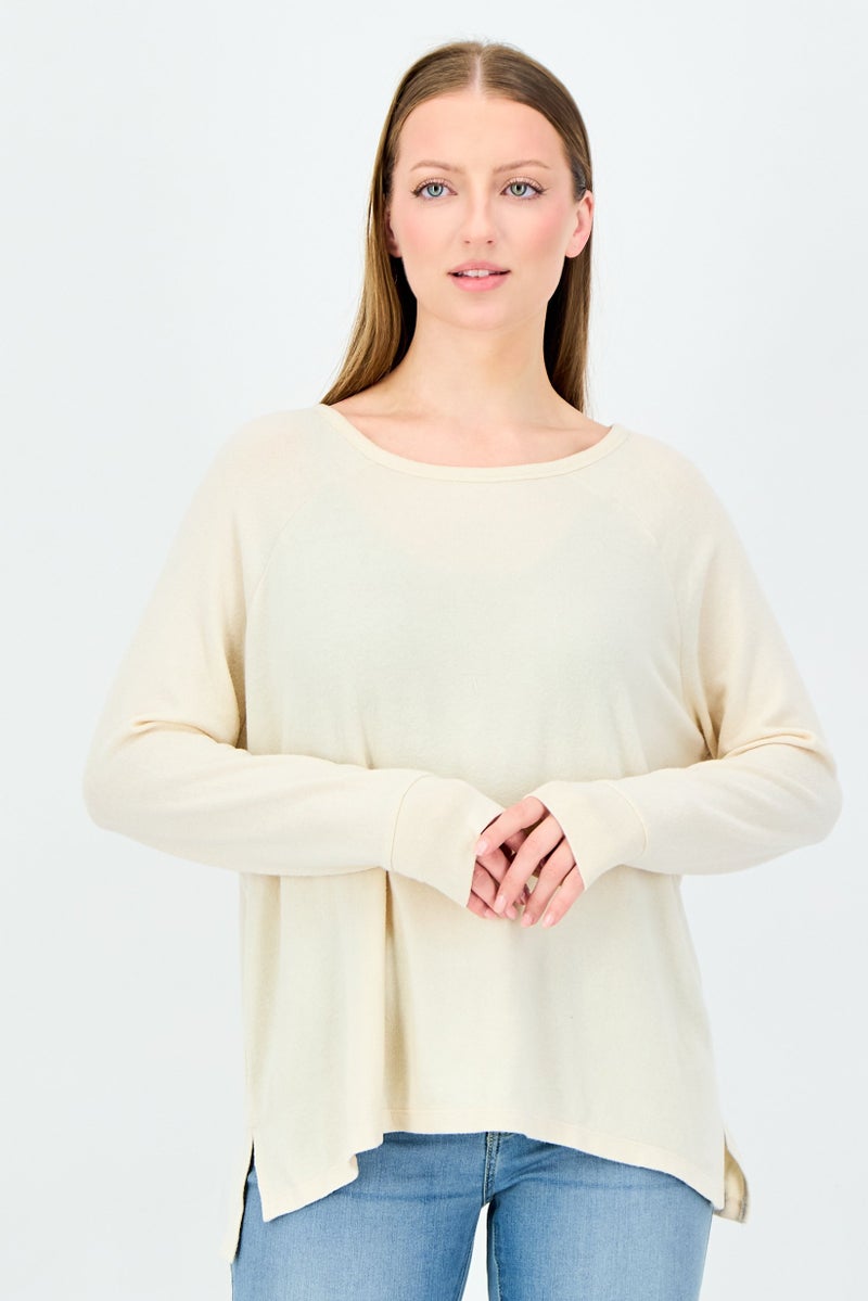 UNDIZ Women Crew Neck Knitted Sweater, Beige - Image 1