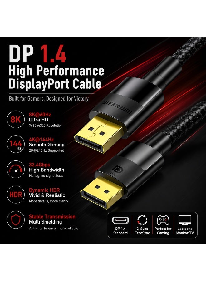 Shengwei كابل DisplayPort 1.4 بطول 2 متر - يدعم دقة 8K بمعدل 60 هرتز، ودقة 4K بمعدل 144 هرتز، ودقة 2K بمعدل 240 هرتز، كابل DisplayPort عالي السرعة إلى DisplayPort لشاشات الألعاب وأجهزة الكمبيوتر المكتبية والمحمولة - Image 4