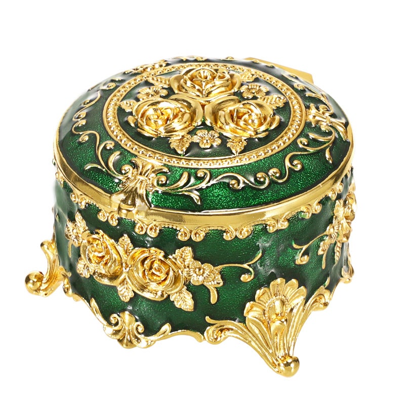 Hipiwe Vintage Jewelry Box Small Trinket Storage Organizer Box Gold Metal Chest Ring Case Treasure Chest Round Keepsake Boxes for Earrings Necklace Gift for WomenGreen - Image 2