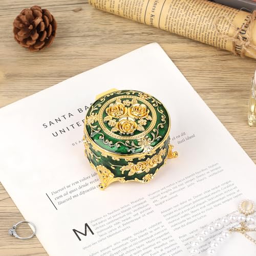 Hipiwe Vintage Jewelry Box Small Trinket Storage Organizer Box Gold Metal Chest Ring Case Treasure Chest Round Keepsake Boxes for Earrings Necklace Gift for WomenGreen - Image 3