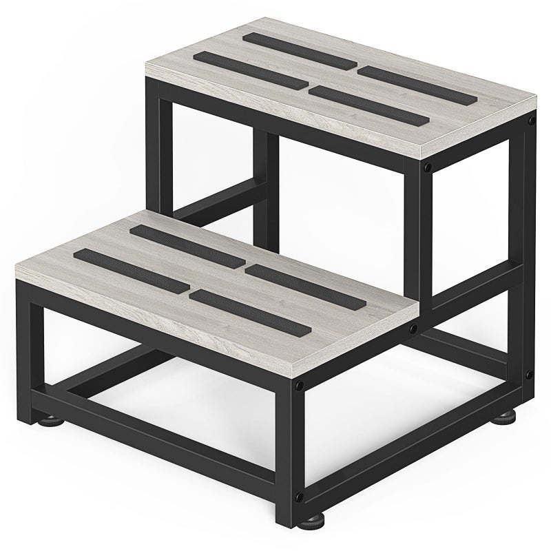 LIANTRAL Step Stool for Adults & Kids, Heavy Duty Wooden Stepping Stools, Bedside Foot Stool with 500lbs Load Capacity, Non-Slip 2 Step Stool for Bed, Kitchen, RV - Gray - Image 1