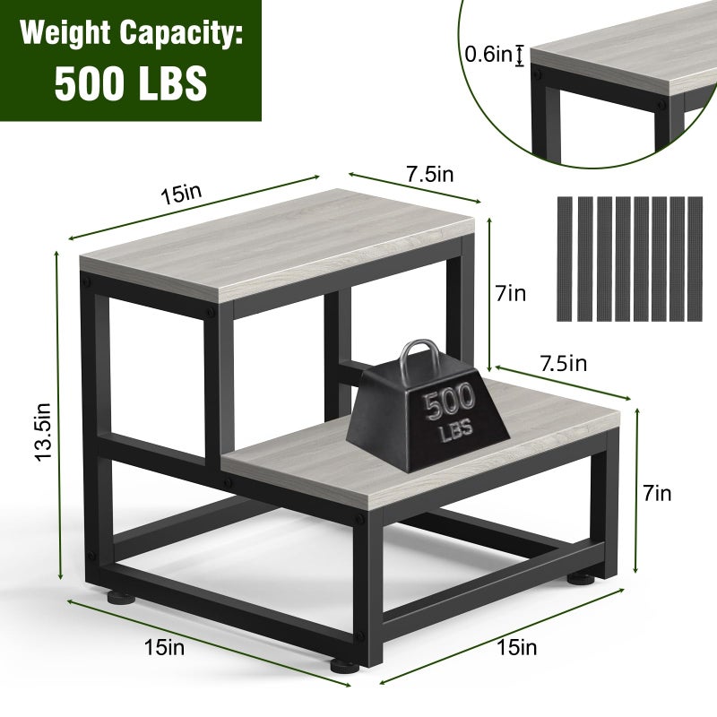 LIANTRAL Step Stool for Adults & Kids, Heavy Duty Wooden Stepping Stools, Bedside Foot Stool with 500lbs Load Capacity, Non-Slip 2 Step Stool for Bed, Kitchen, RV - Gray - Image 3