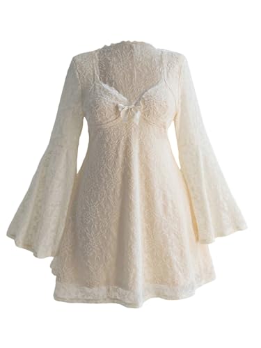 BEAUDRM Women's Y2k Plus Size Hippie Vintage Boho Dress Leopard Bell Long Sleeve V Neck Bow Mesh Goth Mini Dresses White X-Large Plus - Image 1