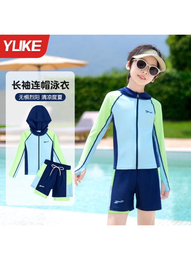 Children's Swimwear Boys Sunscreen Hooded Quick-drying Long-sleeved Split Swimsuit New Teenager Professional Swim Trunks Suit