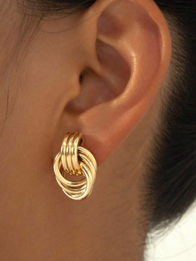 Shein CHICVUE 1pair Fashionable Multi-Turn Knotted Design Stud Earrings, Personalized Geometric Earrings, Double Hoop Studs, Statement Dangling Earrings, Unique Earrings Anniversary Gift For Wife, Suitable For Women's Daily Wear Gifts - Size one-size - Image 2