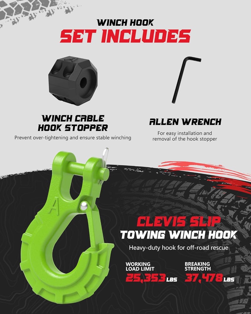 AMBULL 3/8" Winch Hook & Winch Cable Hook Stopper Sets, Heavy Duty Grade 70 Forged Steel Recovery Hook with Safety Latch, Included Allen Wrench,Max 37,478 Lbs, Green - Image 3