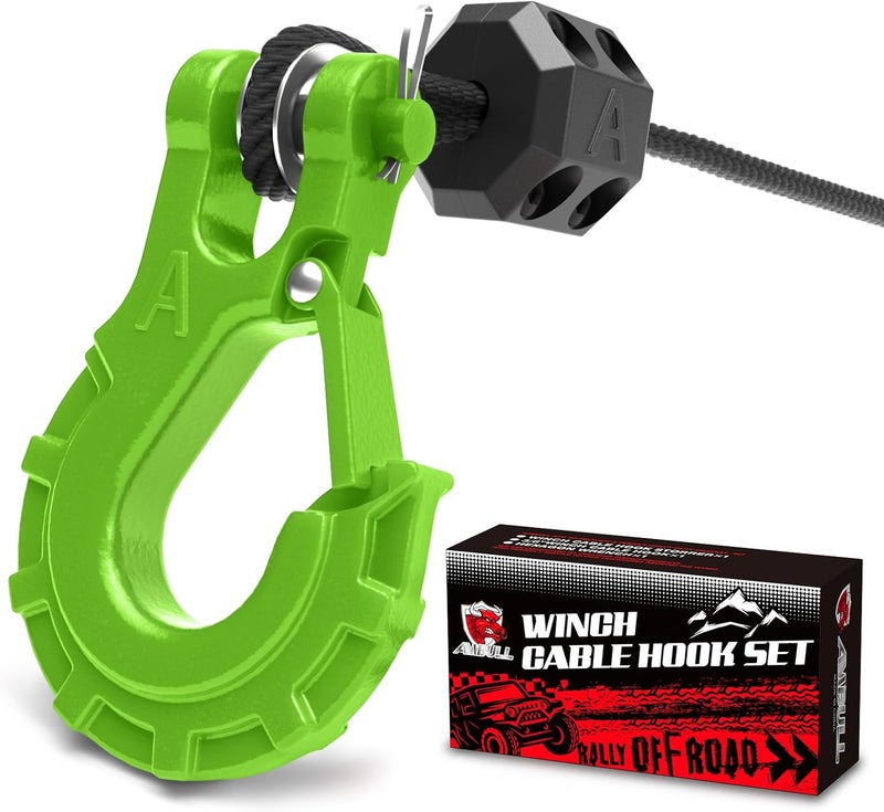 AMBULL 3/8" Winch Hook & Winch Cable Hook Stopper Sets, Heavy Duty Grade 70 Forged Steel Recovery Hook with Safety Latch, Included Allen Wrench,Max 37,478 Lbs, Green - Image 1