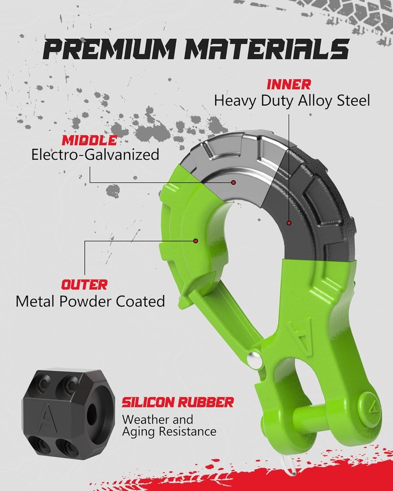 AMBULL 3/8" Winch Hook & Winch Cable Hook Stopper Sets, Heavy Duty Grade 70 Forged Steel Recovery Hook with Safety Latch, Included Allen Wrench,Max 37,478 Lbs, Green - Image 2