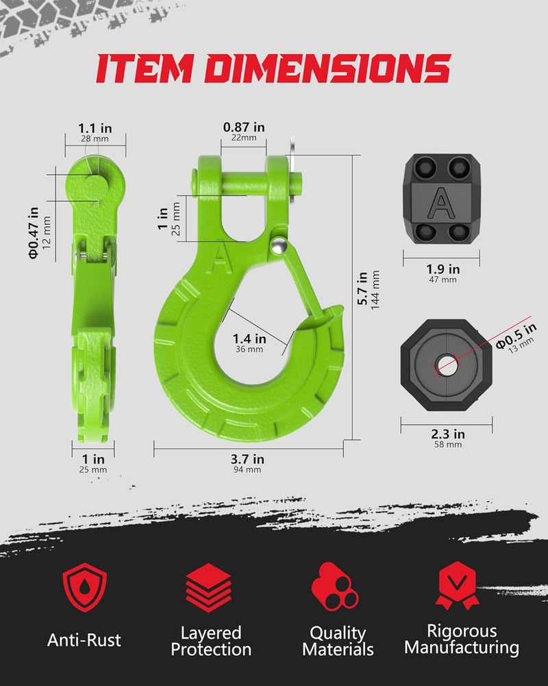 AMBULL 3/8" Winch Hook & Winch Cable Hook Stopper Sets, Heavy Duty Grade 70 Forged Steel Recovery Hook with Safety Latch, Included Allen Wrench,Max 37,478 Lbs, Green - Image 4