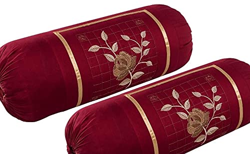 HSR Collection 100% Cotton Embroidered Stone Designed Bolster Cover - Set of 2, Maroon - Image 2