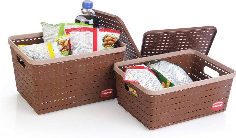 NAYASA Gloria 2 Pcs Set Basket | Medium 1 + Big 1 | Plastic Basket With Lid | Multipurpose Basket With Lid | Organizer Basket With Lid | Brown - Image 1