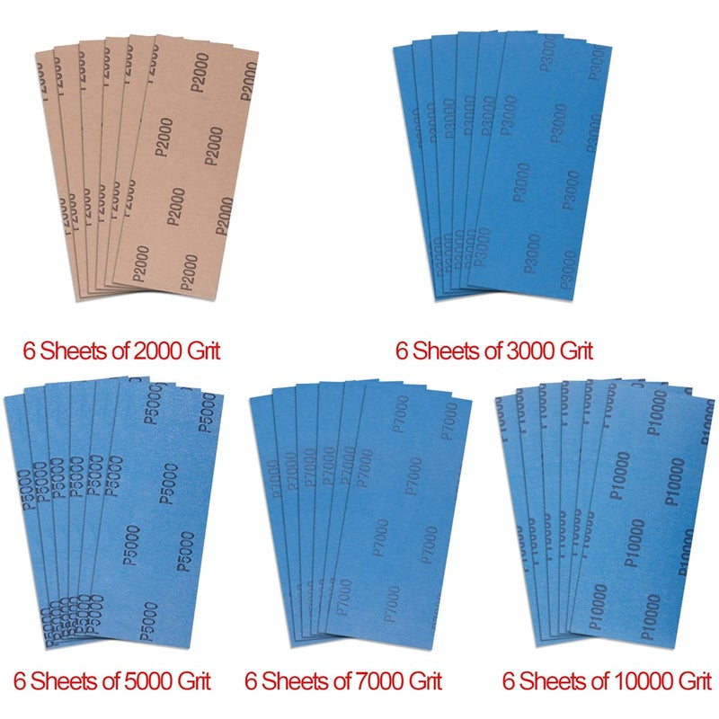 AUSTOR 30 Pieces Wet and Dry Sandpaper Fine Grit 2000 3000 5000 7000 10000 High Grit Sanding Paper Sheets Assortment 9 x 3.6 Inches Abrasive Paper for Automotive Sanding Wood Furniture Finishing - Image 2