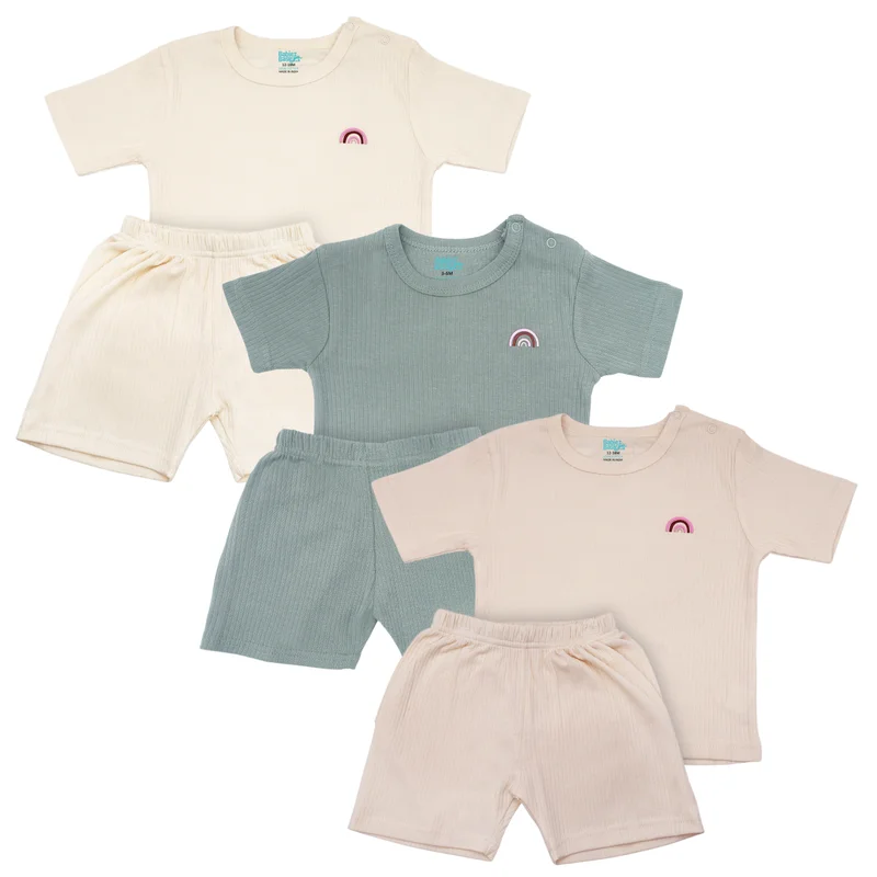 Babies Basic Babies Basic Ribbed Cotton Short Sleeves T-shirt and Plain Shorts Set, Multi Color