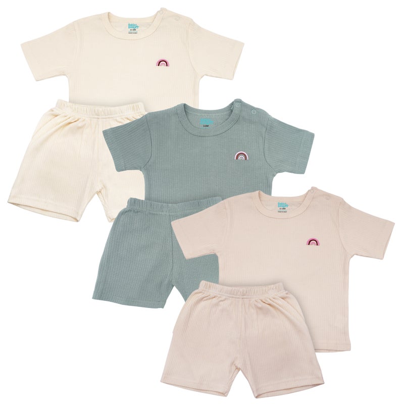 بابيز_بيسك بيبيز بيسك طقم تيشيرت بأكمام قصيرة من القطن المضلع مع شورت سادة, حزمة من ٣ - Image 1