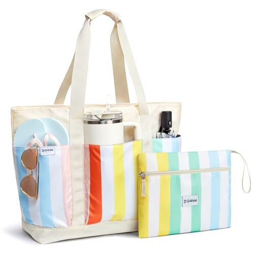G4Free Beach BagWaterproof Beach Tote Pool Bags for WomenLarge Capacity Foldable for Weekender Travel Rainbow stripe - Image 1