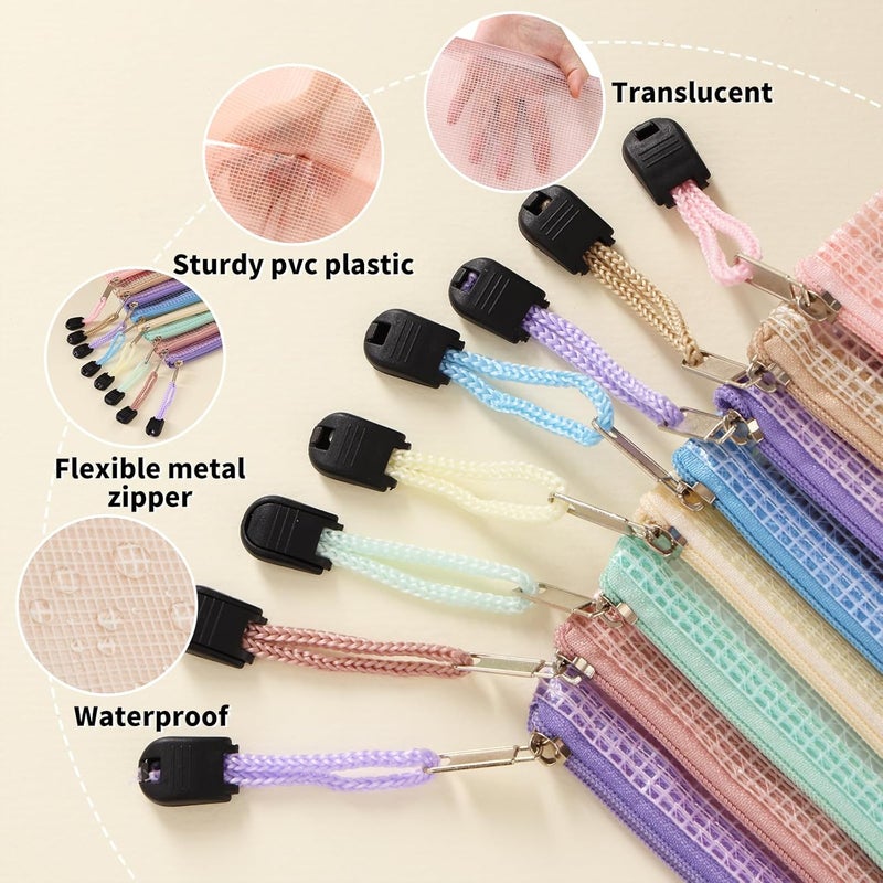 EOOUT 14pcs Mesh Zipper Pouch, 8 Sizes Waterproof Zipper Bags, 7 Colors Waterproof Plastic Document Pouch, Multipurpose for Travel Storage, Office Appliances, Home Organize - Image 3
